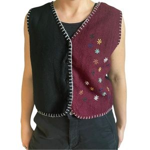 Wool Blend Embroidered Cropped Grandmacore Patch Work Button Up Vest